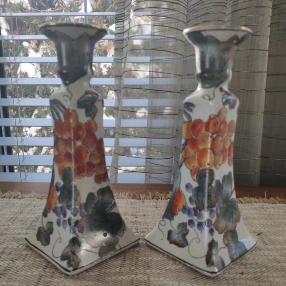 Chinese Candle Holders Set of 2 VTG Porcelain Hand Painted Etched Berries 8.5" - Picture 1 of 11
